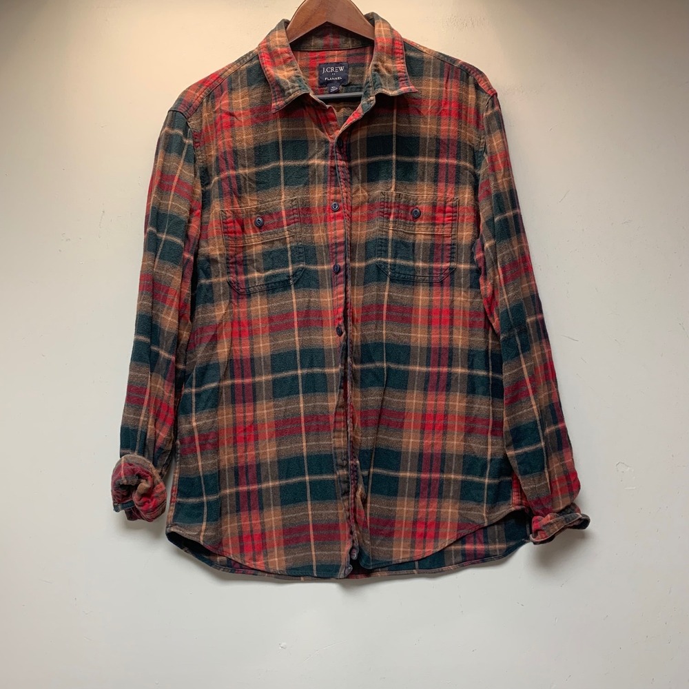 J.Crew Flannel Shirt Mens XL Red Brown Plaid Excellent Cotton Button Down 15572